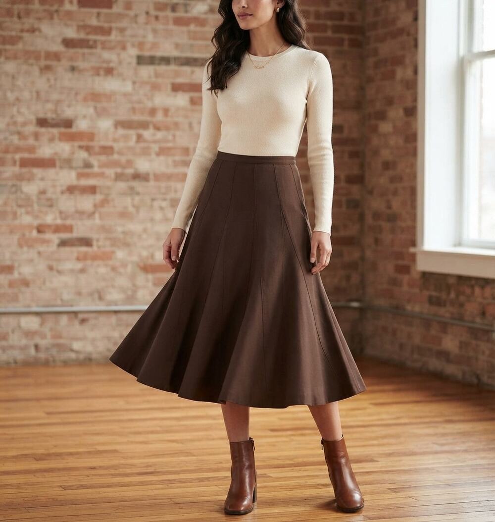 Sharagano Studio Brown Flared Midi Skirt Size 6 Paneled Career Boho